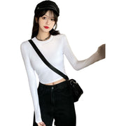 Tシャツ カットソー 長袖 ショート丈 レディース へそ出し トップス 無地 シンプル ヒップホップ タイト スリム Vネック クルーネック Uネック スクエアネック ラウンドネック 丸首 クロップド丈 ロンT 伸縮性 ストレッチ ブラック ホワイト グレー カジュアル ストリート風 ダンス 春 秋 女性 普段着 着回し 合わせやすい フリーサイズ