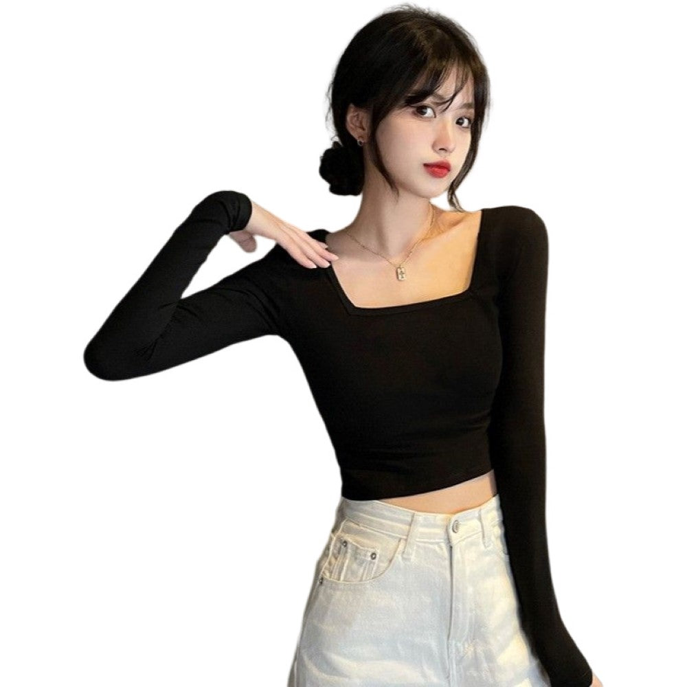 Tシャツ カットソー 長袖 ショート丈 レディース へそ出し トップス 無地 シンプル ヒップホップ タイト スリム Vネック クルーネック Uネック スクエアネック ラウンドネック 丸首 クロップド丈 ロンT 伸縮性 ストレッチ ブラック ホワイト グレー カジュアル ストリート風 ダンス 春 秋 女性 普段着 着回し 合わせやすい フリーサイズ