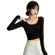 Tシャツ カットソー 長袖 ショート丈 レディース へそ出し トップス 無地 シンプル ヒップホップ タイト スリム Vネック クルーネック Uネック スクエアネック ラウンドネック 丸首 クロップド丈 ロンT 伸縮性 ストレッチ ブラック ホワイト グレー カジュアル ストリート風 ダンス 春 秋 女性 普段着 着回し 合わせやすい フリーサイズ