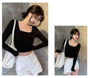 Tシャツ カットソー 長袖 ショート丈 レディース へそ出し トップス 無地 シンプル ヒップホップ タイト スリム Vネック クルーネック Uネック スクエアネック ラウンドネック 丸首 クロップド丈 ロンT 伸縮性 ストレッチ ブラック ホワイト グレー カジュアル ストリート風 ダンス 春 秋 女性 普段着 着回し 合わせやすい フリーサイズ