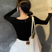Tシャツ カットソー 長袖 ショート丈 レディース へそ出し トップス 無地 シンプル ヒップホップ タイト スリム Vネック クルーネック Uネック スクエアネック ラウンドネック 丸首 クロップド丈 ロンT 伸縮性 ストレッチ ブラック ホワイト グレー カジュアル ストリート風 ダンス 春 秋 女性 普段着 着回し 合わせやすい フリーサイズ