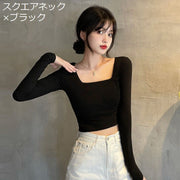 Tシャツ カットソー 長袖 ショート丈 レディース へそ出し トップス 無地 シンプル ヒップホップ タイト スリム Vネック クルーネック Uネック スクエアネック ラウンドネック 丸首 クロップド丈 ロンT 伸縮性 ストレッチ ブラック ホワイト グレー カジュアル ストリート風 ダンス 春 秋 女性 普段着 着回し 合わせやすい フリーサイズ