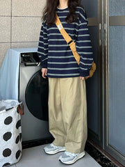 カットソー レディース 女性 女子 大きいサイズ トップス 長袖 丸首 ラウンドネック クルーネック プルオーバー 総柄 ボーダー ネイビー ブルー シンプル カジュアル ラフ かわいい キュート