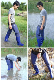 ヒップブーツ ヒップウェーダー ヒップウエイダー 田植え用長靴 釣り用長靴 田靴 フィッシング ロングブーツ 超ロング丈 防水 ずり落ち防止バンド 農作業 田植え レジャー シューズ 男女兼用 ユニセックス 男性用 女性用 シンプル 23.0cmから26.5cm 青色