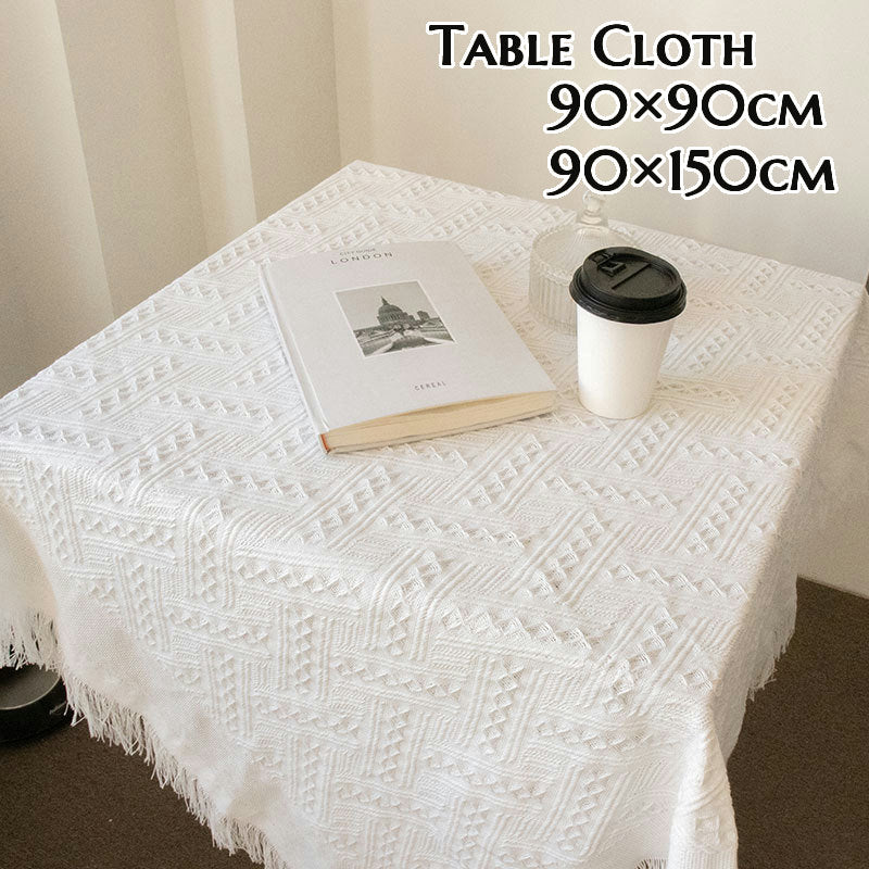 テーブルクロス 90×90cm 90×150cｍ 食卓カバー テーブルマット マルチカバー ソファーカバー レジャーシート ピクニックシート テーブルカバー ダイニング リビング  レース編み風 ダイヤ柄 フリンジ ナチュラルテイスト フレンチ カントリー 北欧 おしゃれ かわいい テーブル 机 デスク キャビネット TV台