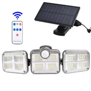 ソーラーガーデンライト 人感センサーライト LED 防犯 自動点灯消灯 IP65防水 壁掛け 分離式 屋外 玄関 庭 駐車場 廊下 軒先 リチウム 外灯 昼光色 太陽光発電 ソーラー充電式 3灯式 照明角度270度 リモコン付き