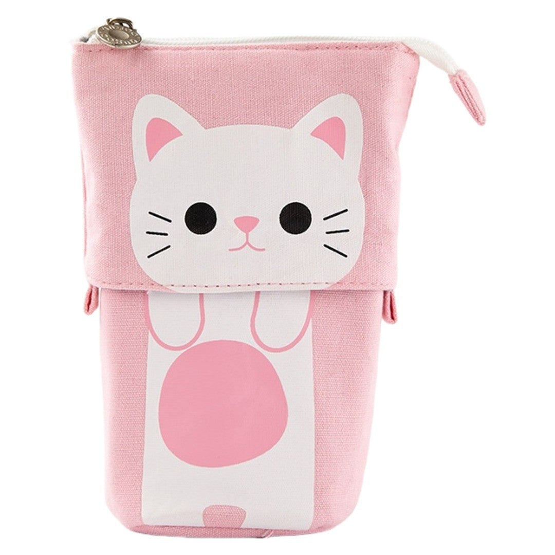 ペンケース 自立 伸縮 筆箱 ペンポーチ ペンスタンド 内ポケット ファスナー 小物入れ ネコ 豚 イラスト かわいい 文房具 文具 学生 学校 ステーショナリー