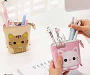 ペンケース 自立 伸縮 筆箱 ペンポーチ ペンスタンド 内ポケット ファスナー 小物入れ ネコ 豚 イラスト かわいい 文房具 文具 学生 学校 ステーショナリー