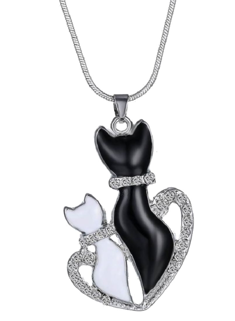 ネックレス 猫 キャット カップル ハート ラインストーン ペンダント レディース アクセサリー おしゃれ 可愛い シルバーカラー