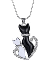 ネックレス 猫 キャット カップル ハート ラインストーン ペンダント レディース アクセサリー おしゃれ 可愛い シルバーカラー