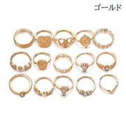 指輪 リング セット 15ピース ボヘミアン ハート ストーン 十字架 コイン 彫刻 リングセット 重ねづけリング ヴィンテージ おしゃれ ワンサイズ ゴールドカラー シルバーカラー 女性 アクセサリー