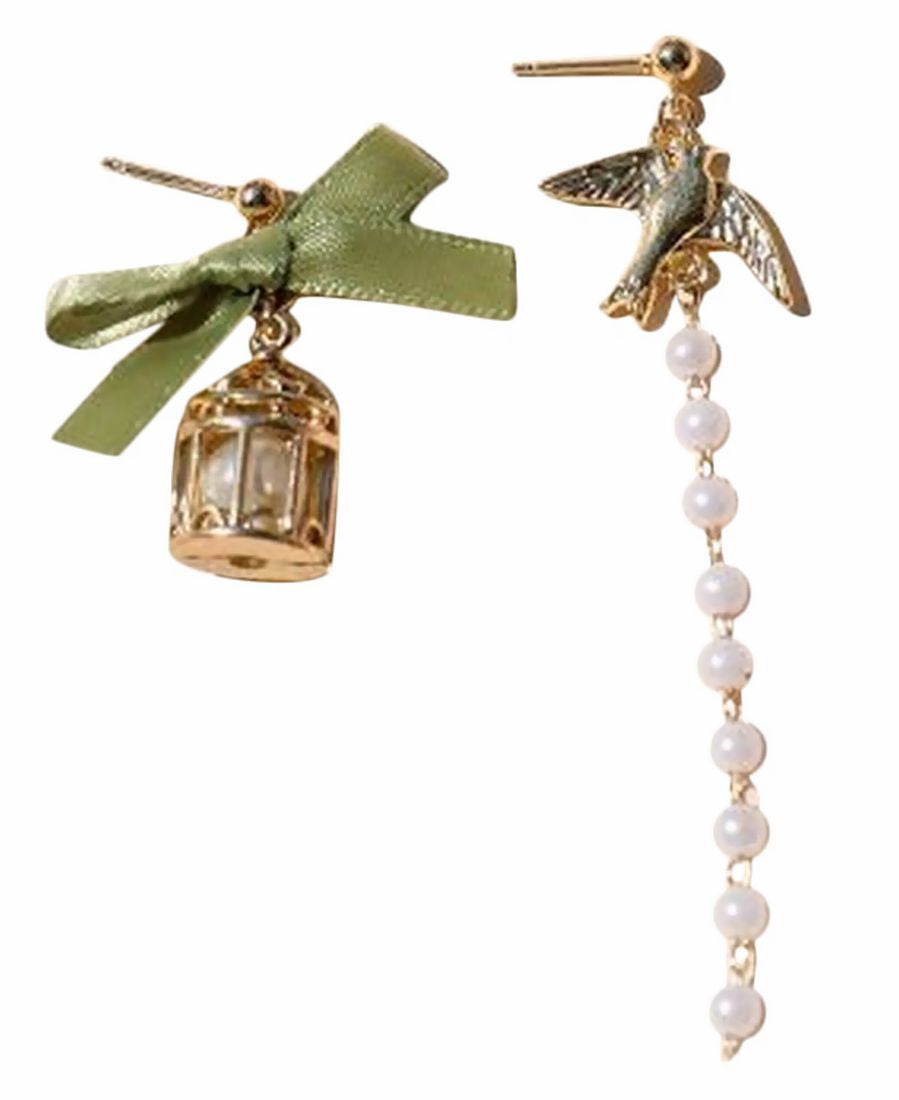 ピアス イヤリング フェイクパール リボン 揺れる ロングピアス レディース アクセサリー 可愛い エレガント ゴールドカラー グリーン