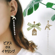 ピアス イヤリング フェイクパール リボン 揺れる ロングピアス レディース アクセサリー 可愛い エレガント ゴールドカラー グリーン