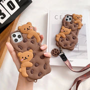 iPhoneカバー iPhoneケース スマホカバー スマホケース レディース 女性 ストラップ付き チャーム付き 立体的 チョコチップクッキー 熊 クマ ブラウン ポップ カジュアル 可愛い キュート