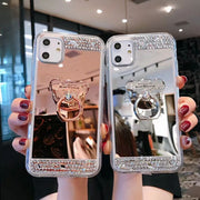 iPhoneケース スマートフォンケース スマホケース 鏡 ミラー スマホリング リング付き 背面保護 傷防止 ラインストーン キラキラ くま クマ お洒落 おしゃれ レディース 女性 婦人 スマホカバー