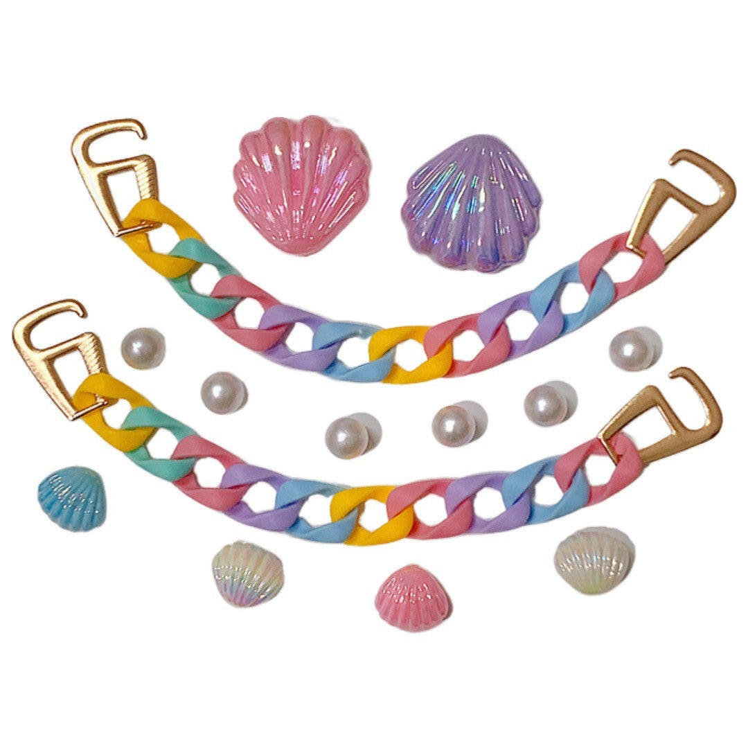シューパーツ クロックス用 シューアクセサリー レディース シューズアクセサリー 靴アクセサリー セット 貝殻 フェイクパール チェーン カラフル パステルカラー おしゃれ かわいい ガーリー キュート キラキラ ピンク 紫 白 青 緑 黄