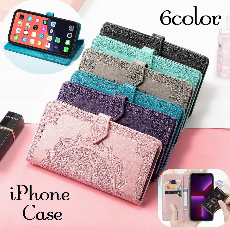 iPhoneケース レディース用 スマホケース iPhoneカバー 女性用 折りたたみ式 収納ポケット カード入れ お札入れ マグネット マンダラ柄 レトロ調 可愛い おしゃれ
