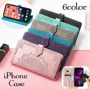 iPhoneケース レディース用 スマホケース iPhoneカバー 女性用 折りたたみ式 収納ポケット カード入れ お札入れ マグネット マンダラ柄 レトロ調 可愛い おしゃれ