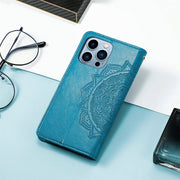 iPhoneケース レディース用 スマホケース iPhoneカバー 女性用 折りたたみ式 収納ポケット カード入れ お札入れ マグネット マンダラ柄 レトロ調 可愛い おしゃれ