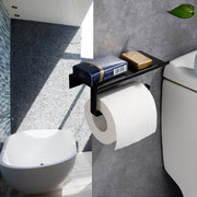 トイレットペーパーホルダー 棚付き トイレ用品 小物置き メタル 金属 無地 単色 シンプル 天板 トレー ラック 収納 取り付け簡単 DIY ブラック シルバー 黒 銀色 大人 かっこいい モダン モノクロ モノトーン