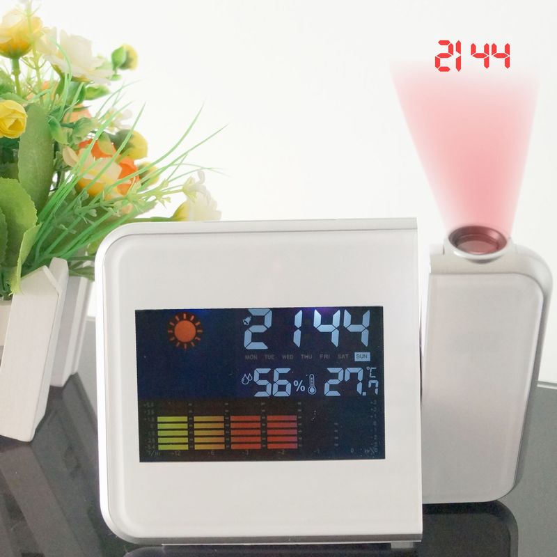 多機能電子時計 プロジェクター LED 温湿度計 電子時計 アラーム 天気 投影 卓上 スタンド プロジェクター カレンダー 曜日 リビング 寝室 玄関 便利 コンパクト 温度計 湿度計 置時計 置き時計 シンプル ブラック ホワイト プレゼント ギフト