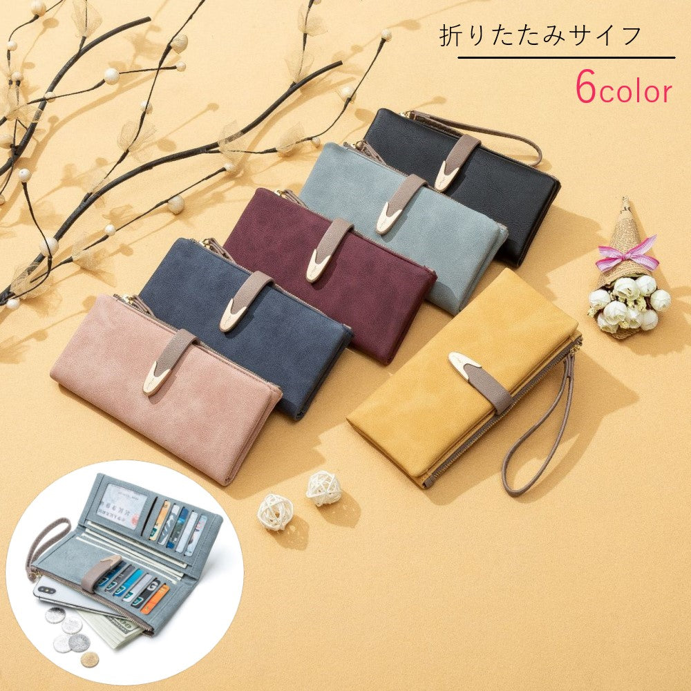 長財布 折りたたみサイフ レディース 女性 ファッション雑貨 二つ折り ストラップ付き 長方形 フェイクレザー 無地 パステルカラー ブルー ピンク ブラック シンプル かわいい キュート