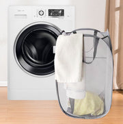 ランドリーバスケット 洗濯用品 折りたたみ式 折り畳み メッシュ 持ち手付き コンパクト 四角形 洗濯かご 洗濯物入れ 無地 単色 ホワイト ブラック 白 黒 シンプル 日用品