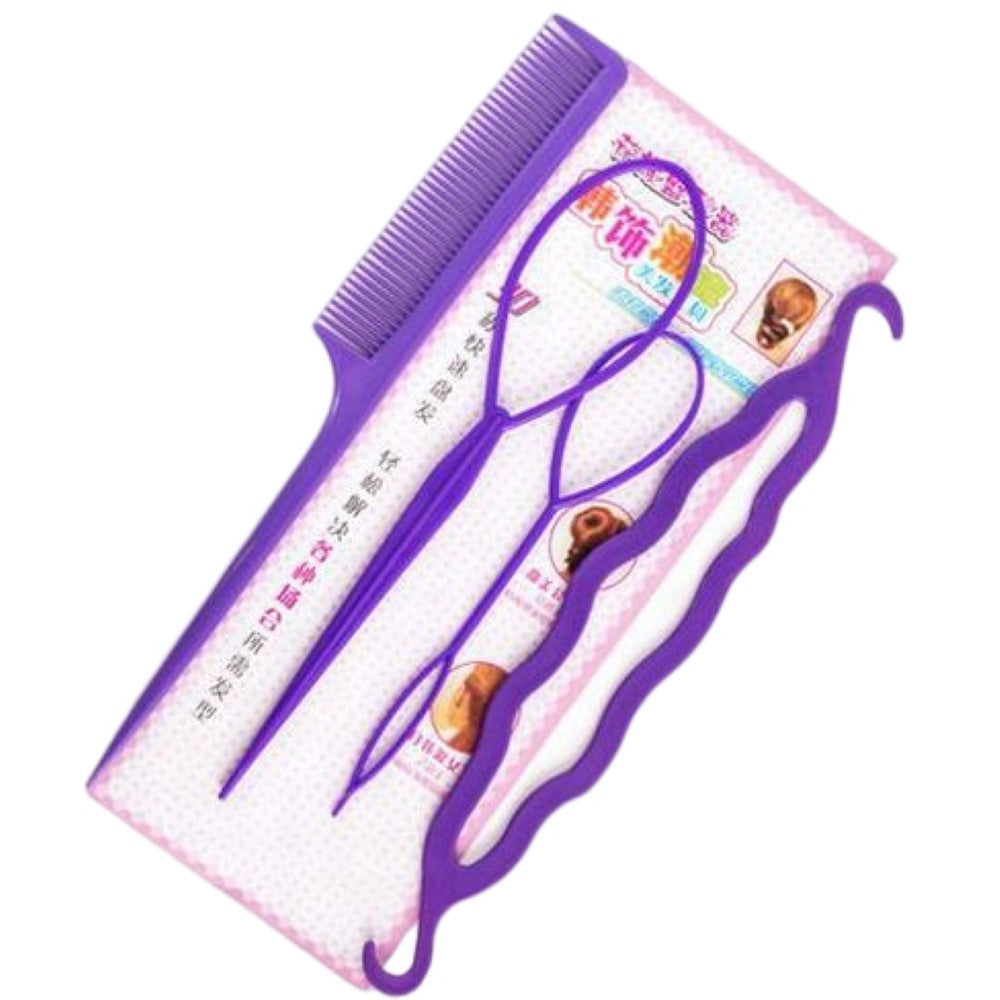 ヘアアレンジスティック コーム 4点セット くるりんぱメーカー シニヨン まとめ髪 パープル バリエーション画像