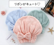 タオルキャップ タオル帽 ヘアドライタオル レディース 女性 入浴雑貨 バス雑貨 生活雑貨 日用雑貨 リボン 裾ゴム マイクロファイバー 無地 ピンク ブルー グリーン シンプル カジュアル 可愛い キュート フェミニン ガーリー おしゃれ