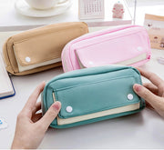 ペンケース 筆箱 筆入れ 小物入れ BOXポーチ メイクポーチ コスメポーチ 文房具 筆記用具入れ 文具 ファスナー チャック キャンパス生地 大容量 スクエア ポケット付き スナップボタン かわいい おしゃれ ガーリー シンプル 通学 小学生 中学生 高校生 大学生 男女兼用 メンズ レディース 緑 灰 青 ピンク カーキ