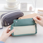 ペンケース 筆箱 筆入れ 小物入れ BOXポーチ メイクポーチ コスメポーチ 文房具 筆記用具入れ 文具 ファスナー チャック キャンパス生地 大容量 スクエア ポケット付き スナップボタン かわいい おしゃれ ガーリー シンプル 通学 小学生 中学生 高校生 大学生 男女兼用 メンズ レディース 緑 灰 青 ピンク カーキ
