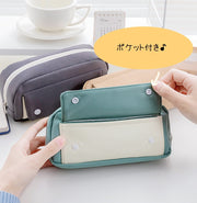 ペンケース 筆箱 筆入れ 小物入れ BOXポーチ メイクポーチ コスメポーチ 文房具 筆記用具入れ 文具 ファスナー チャック キャンパス生地 大容量 スクエア ポケット付き スナップボタン かわいい おしゃれ ガーリー シンプル 通学 小学生 中学生 高校生 大学生 男女兼用 メンズ レディース 緑 灰 青 ピンク カーキ