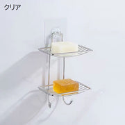 ソープディッシュ 石けんケース 2段 壁掛け 吊り下げ メッシュ 水切り フック付き 石鹸ホルダー せっけん置き 石けん皿 浴室 バスルーム お風呂場 洗面所 粘着テープ 貼り付け 工具不要 穴あけ不要 シンプル ステンレス