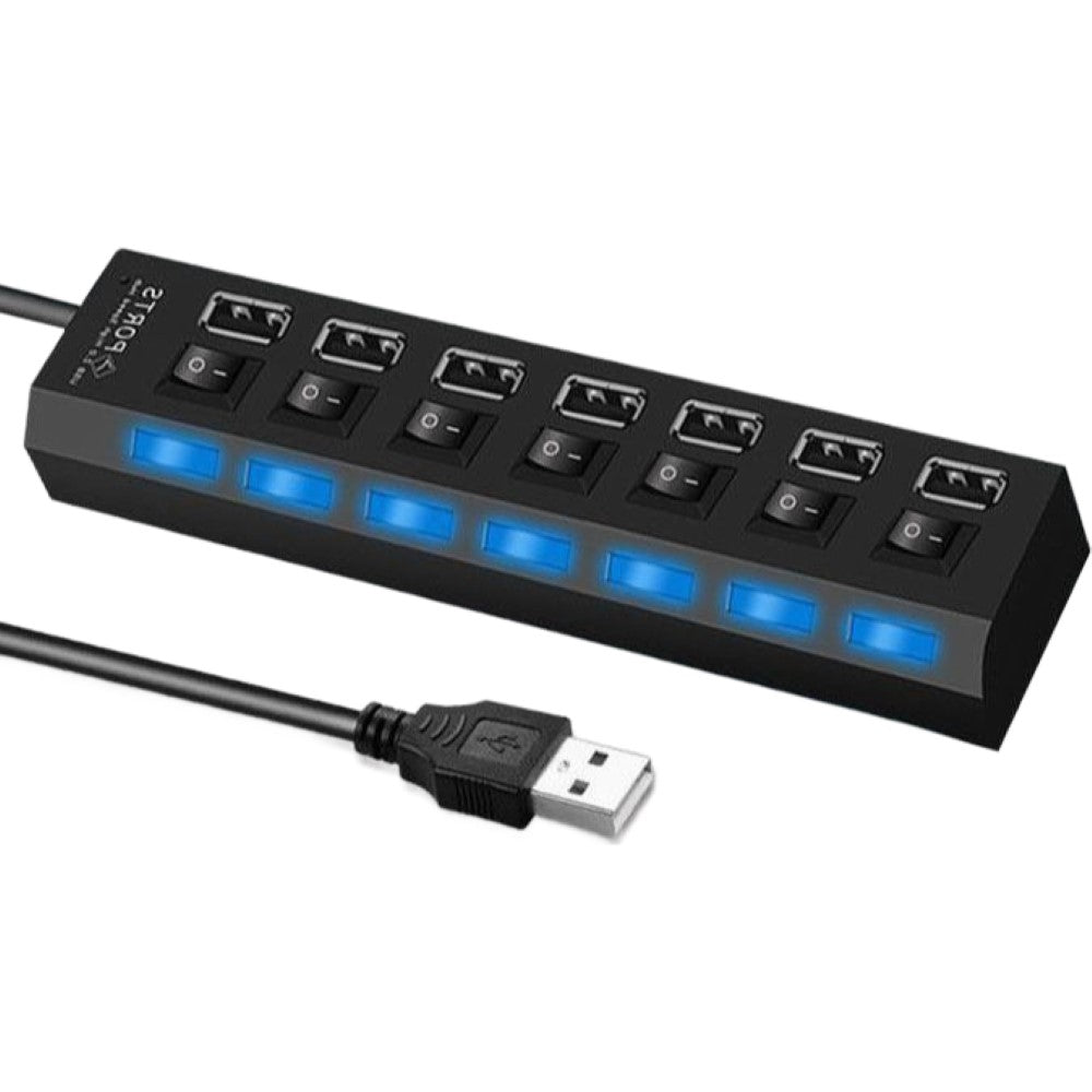 USBハブ USB2.0 HUB 50cmケーブル 7ポート スイッチ付き バスパワー 高速 データ転送 480Mbps リチウム ドッキングステーション 充電器 USBコンセント 小型 コンパクト 使いやすい LEDライト パソコン ノートパソコン ノートPC 周辺機器 Windows