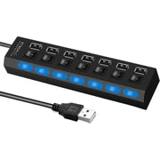 USBハブ USB2.0 HUB 50cmケーブル 7ポート スイッチ付き バスパワー 高速 データ転送 480Mbps リチウム ドッキングステーション 充電器 USBコンセント 小型 コンパクト 使いやすい LEDライト パソコン ノートパソコン ノートPC 周辺機器 Windows