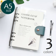 ルーズリーフ A5サイズ 6穴 クリアバインダー ホルダー DIY手帳 取り外し可 レザー調ベルト スナップボタン ノートブック メモ帳 ステーショナリー 文房具 学校 授業 学生 学習