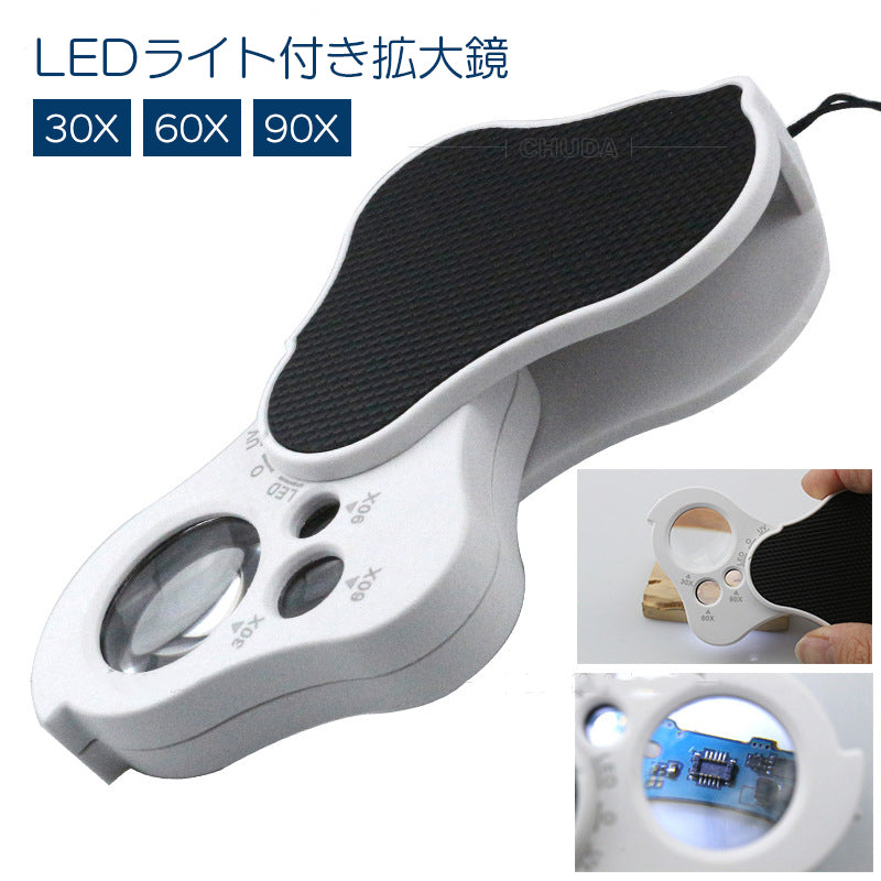ルーペ 拡大鏡 LEDライト付き 3レンズ 30X 60X 90X ジュエリールーペ 電池式 コンパクト 携帯 持ち運び 小型 ミニ ストラップ付 簡単 収納