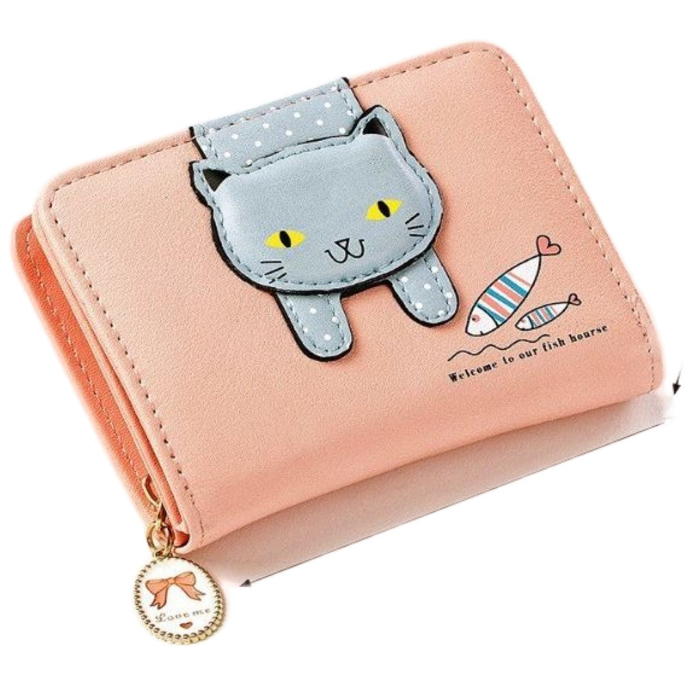 財布 ウォレット 2つ折りサイズ 猫 キャット 小銭入れ お札入れ レディース 女性 女の子 ガールズ かわいい キュート たっぷり収納 ファナー カード入れ クリアポケット フェイクレザー 婦人用