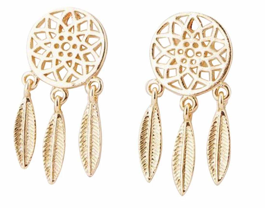 ピアス リング レディース アクセサリー スタッド フリーサイズ ドリームキャッチャー風 羽 ボヘミアン 揺れる 小さめ おしゃれ ゴールドカラー シルバーカラー