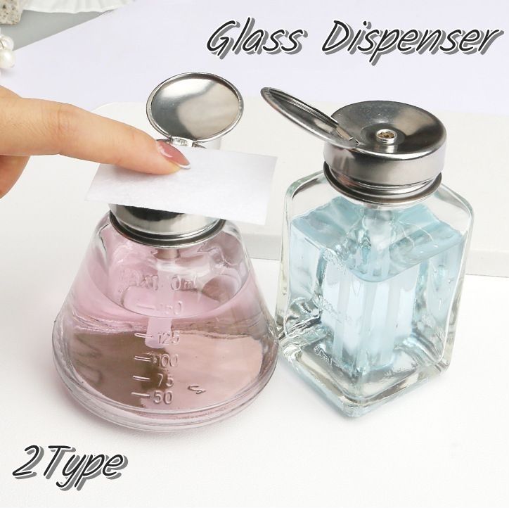 ガラスディスペンサー ネイルリムーバー入れ ガラス容器 ガラス瓶 丸型 角型 溶剤入れ 180ml ネイルグッツ ネイル用品 ネイルツール マニキュアツール ネイルオフ リムーバー プッシュ式 液体保管容器 お洒落 可愛い ハンドラップ クリーナー 除光液 アルコール
