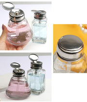 ガラスディスペンサー ネイルリムーバー入れ ガラス容器 ガラス瓶 丸型 角型 溶剤入れ 180ml ネイルグッツ ネイル用品 ネイルツール マニキュアツール ネイルオフ リムーバー プッシュ式 液体保管容器 お洒落 可愛い ハンドラップ クリーナー 除光液 アルコール