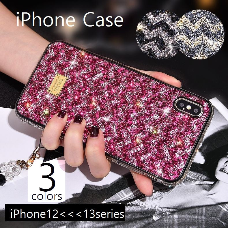 iPhoneケース 13 12 スマホケース キラキラ グリッター ラインストーン アイフォンカバー 傷防止 背面保護 ゴージャス ブラック ローズ ゴールドカラー