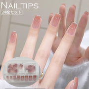 ネイルチップ つけ爪 手の爪用 24枚セット セルフネイル ネイルアート用品 フルカバー ラメ入り ショート 光沢感 つや感 グラデーション ぷっくり 貼るだけ かわいい きれいめ 上品 シンプル キラキラ キュート ピンク
