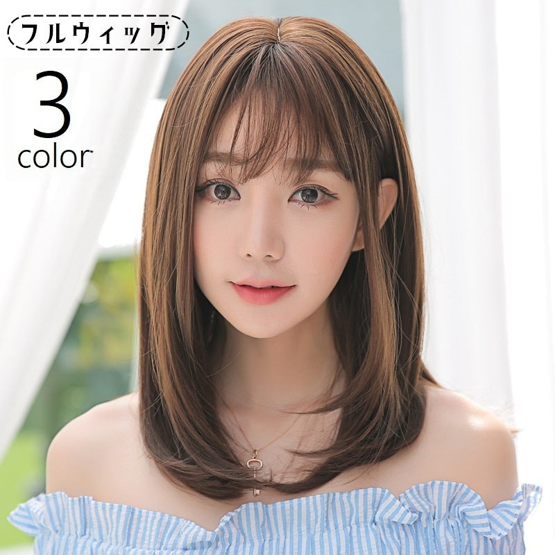 フルウィッグ かつら 全頭かつら ヘアネット付き キャップネット付き ヘアウィッグ ミディアム 前髪あり ストレート 毛先カール 内巻き レディース 女性 ヘアアクセサリー ナチュラル おしゃれ かわいい ガーリー イメチェン イメージチェンジ 茶髪 黒 こげ茶