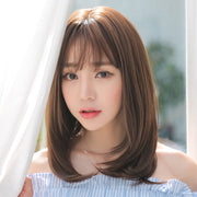 フルウィッグ かつら 全頭かつら ヘアネット付き キャップネット付き ヘアウィッグ ミディアム 前髪あり ストレート 毛先カール 内巻き レディース 女性 ヘアアクセサリー ナチュラル おしゃれ かわいい ガーリー イメチェン イメージチェンジ 茶髪 黒 こげ茶