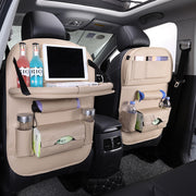 シートバックポケット 車用収納ポケット ヘッドレスト装着 フェイクレザー カーシート用ホルダー 小物入れ タブレット ドリンク 整理整頓 おもちゃ 簡単取り付け すっきり 便利 多機能 折り畳みテーブル スマホ入れ ティッシュホルダー