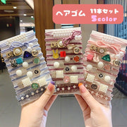 ヘアゴム 11本セット ヘアアクセサリー レディース 髪ゴム まとめ髪 フェイクパール カラーストーン ウサギ ビーズ キラキラ ロゴ 2連 3連 子供用 キッズ 髪飾り リボン結び かわいい おしゃれ ガーリー ガールズ ヘアアレンジ カジュアル 婦人 女性 女の子 大人
