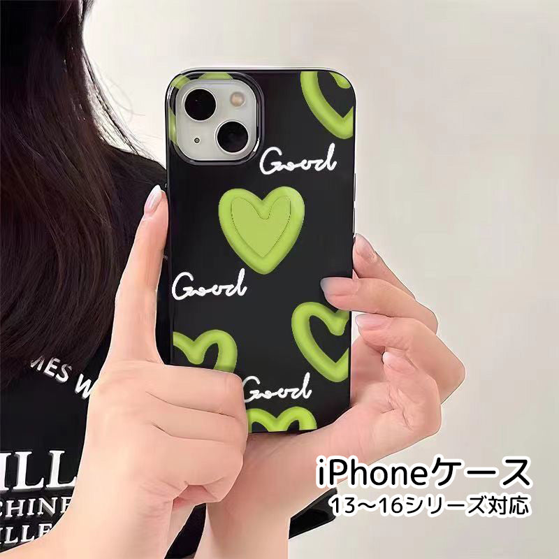 iPhoneケース スマホアクセサリー スマホカバー ブラック ハート グリーン シンプル かわいい かっこいい