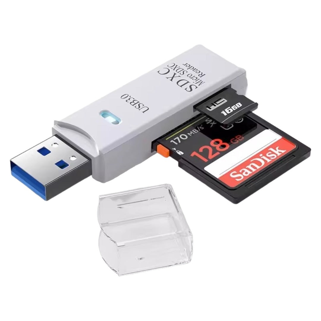 SDカードリーダー メモリーカードリーダー USB3.0 外付け 2in1 ライト付き リチウム シンプル パソコン PC データ 転送 移行 保存 バックアップ SDカード microSDカード メモリーカード