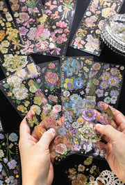 シール 3枚セット 3種セット 文房具 草花 フラワー ボタニカル柄 花束 蝶 チューリップ バラ PET 半透明 ピンク ブルー イエロー かわいい キュート エレガント おしゃれ 華やか